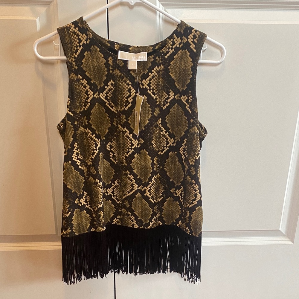 Michael Kors Olive and Black Snakeprint Fringe Tank